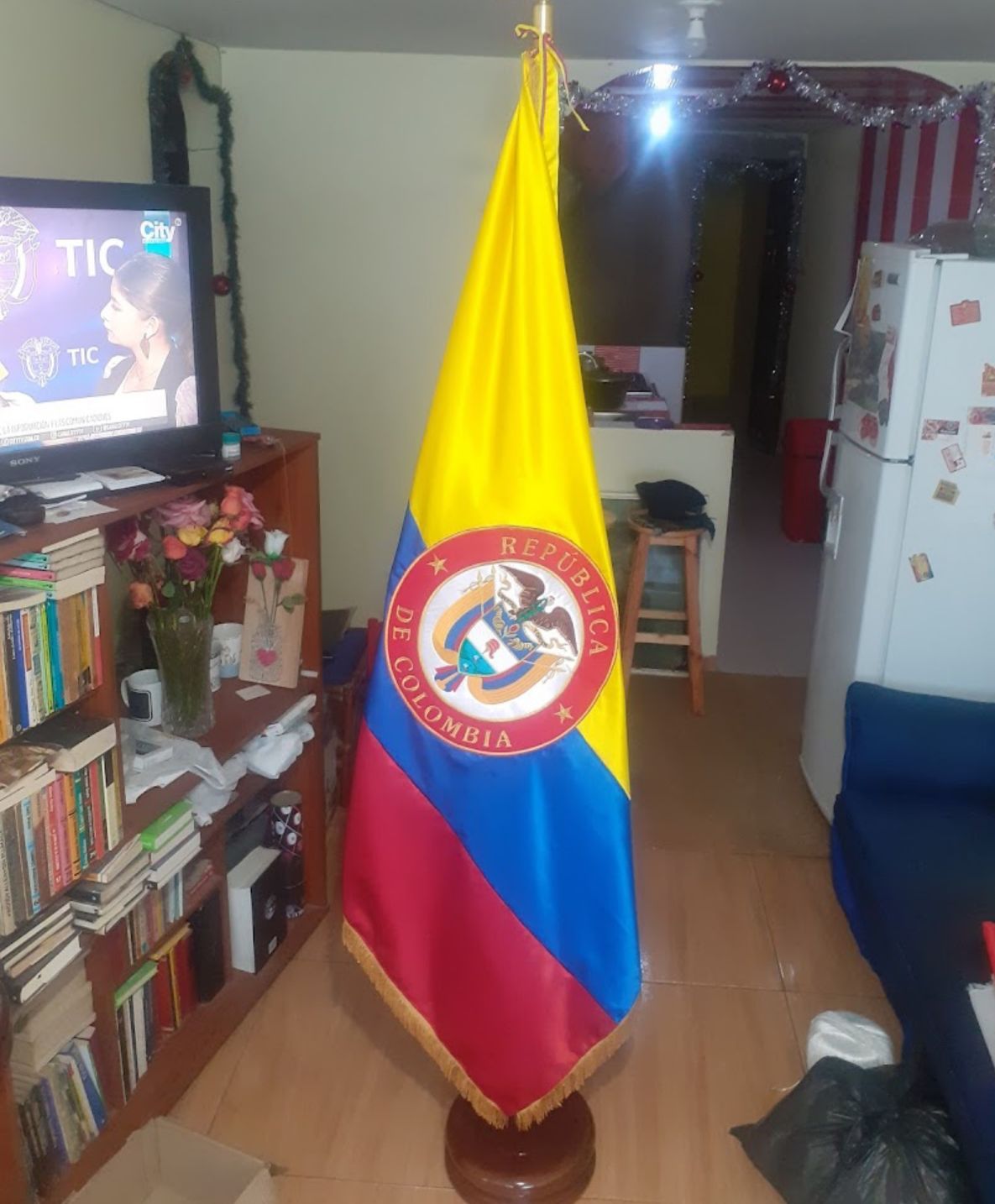 Bandera colombiana sobre un soporte en una pequeña habitación con televisor, estantería y refrigerador.