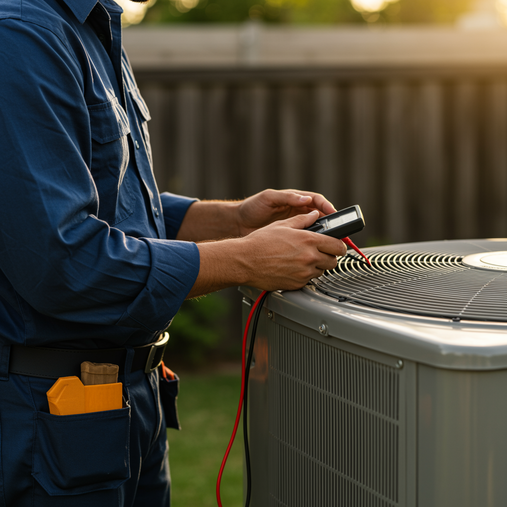 A technician in a blue uniform uses a multimeter to test an outdoor HVAC unit in a residential yard.