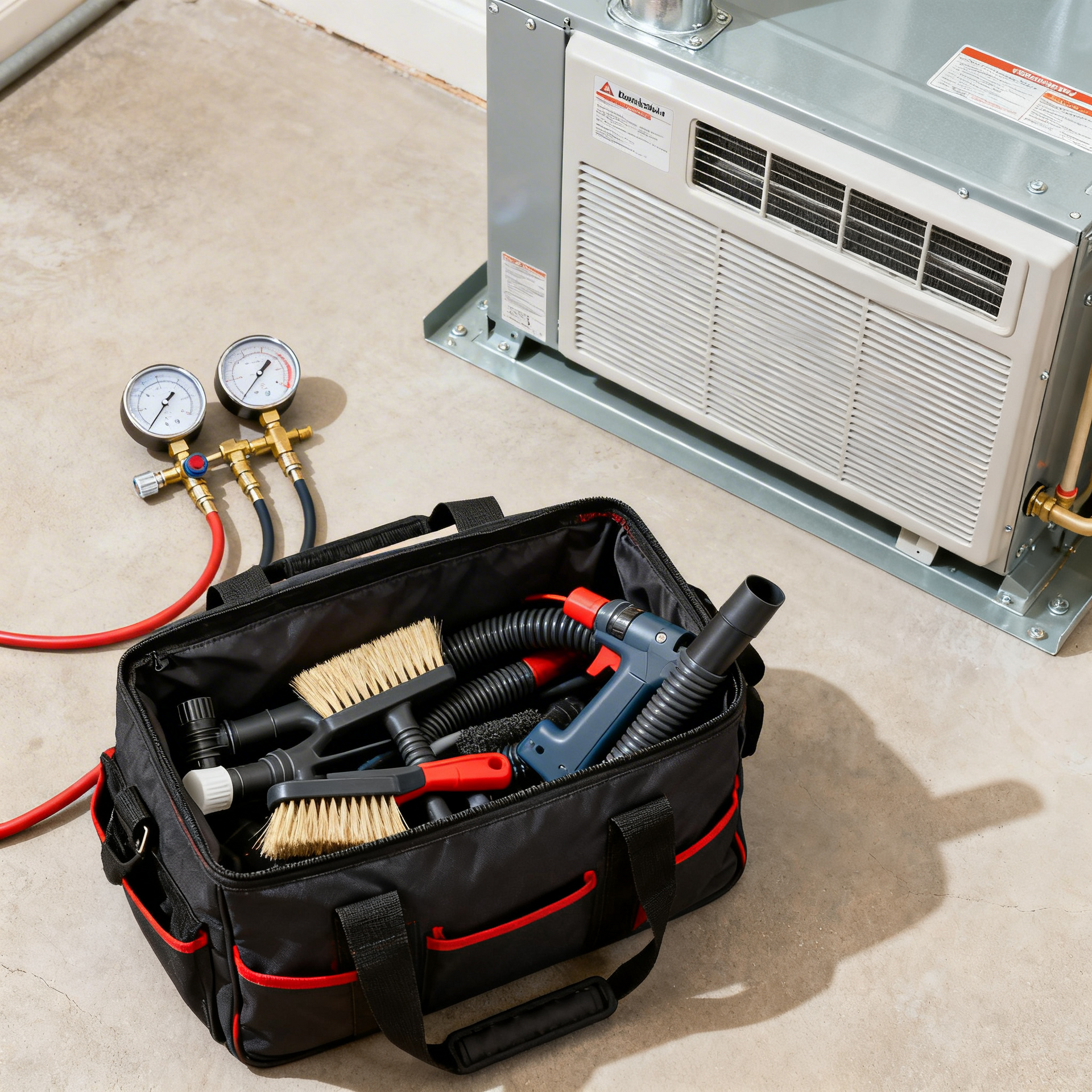 An open black tool bag filled with cleaning brushes and a tool sits on a concrete floor near a metal HVAC unit and gauges.