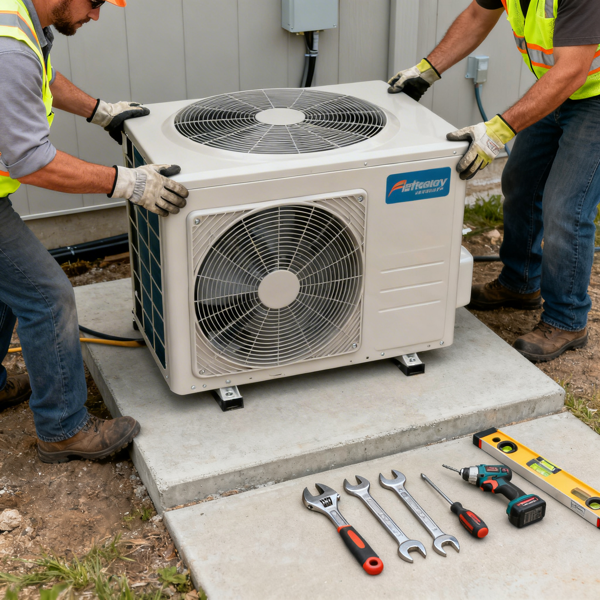 Two workers in safety vests install a beige HVAC unit on a concrete pad with tools laid out nearby.