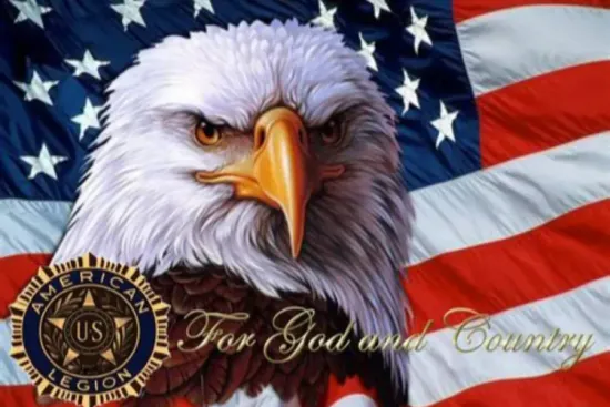 A bald eagle stands in front of an American flag