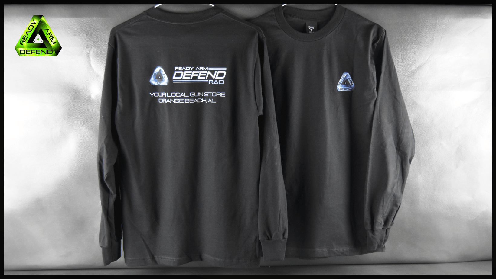 Ready Arm Defend, Black/Blue Logo Long Sleeve Tee