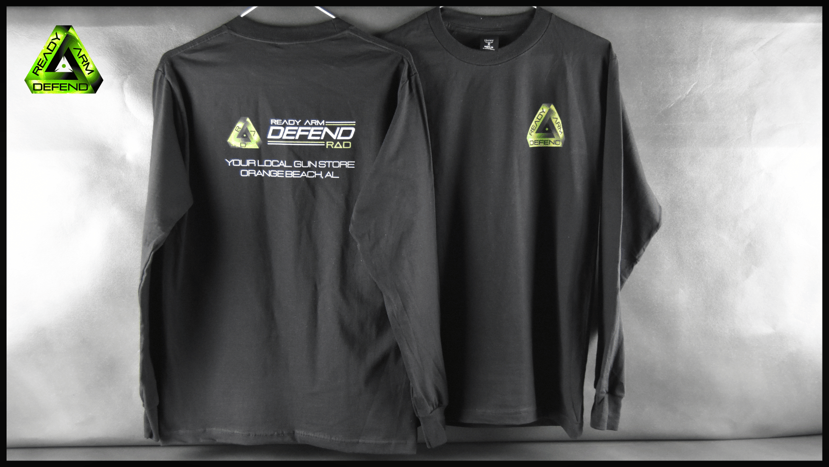 Ready Arm Defend, Black/Green Logo Long Sleeve Tee