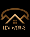 Logo for Lev Works, with a house outline in brown, a brown arc above, and text “LEV WORKS” below, on a black background.