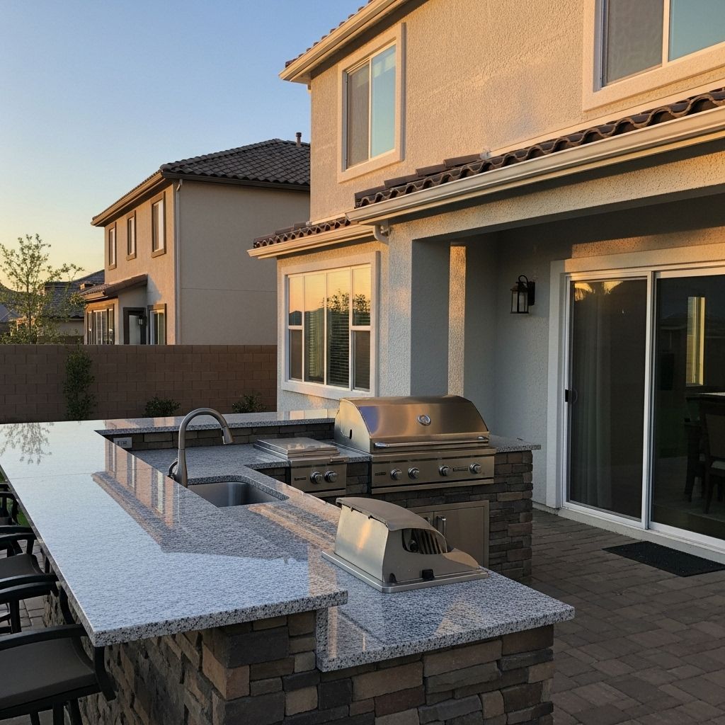 Outdoor kitchen with a granite countertop, grill, and sink on a patio, with houses visible in the background at sunset.