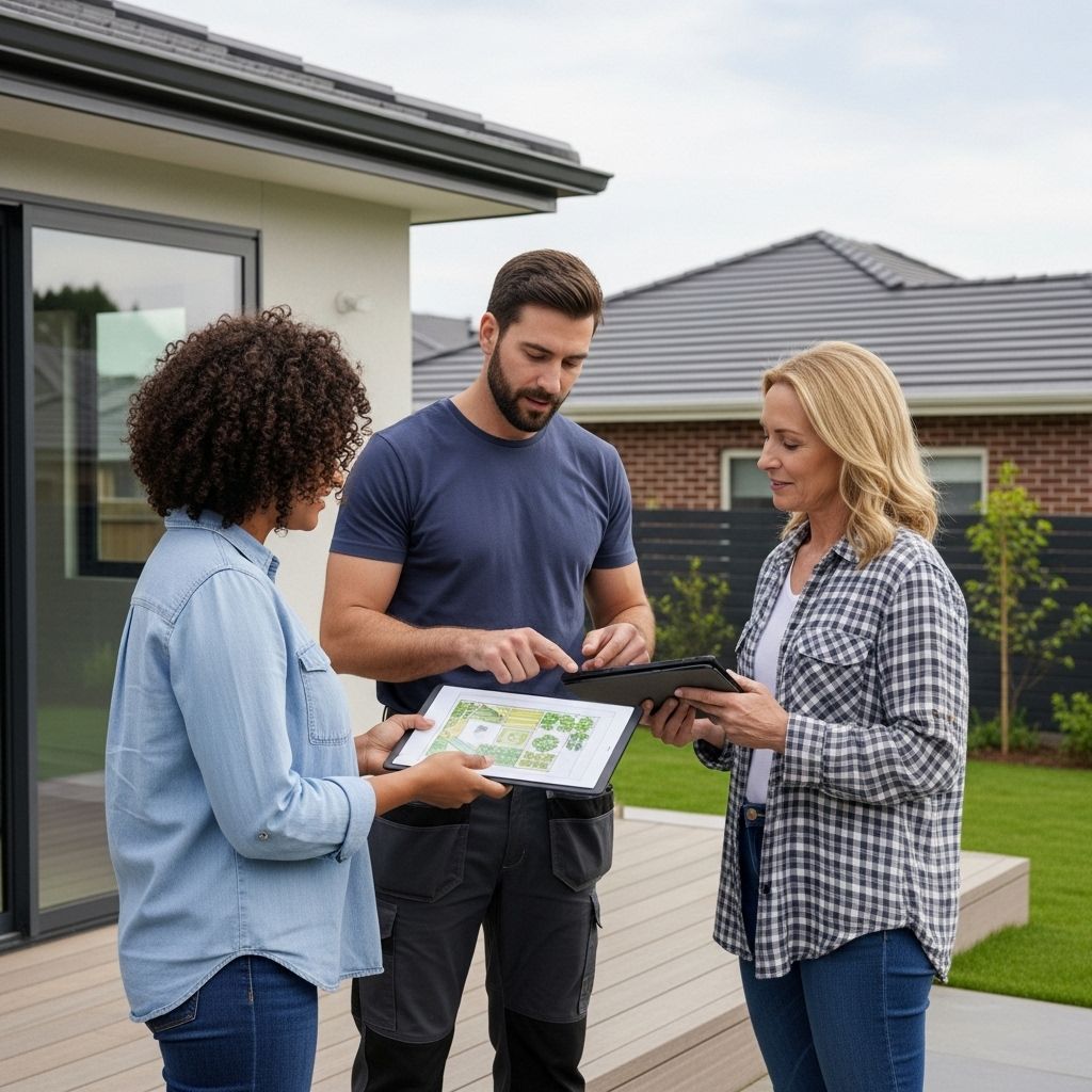 A worker in work pants and two people on a residential deck discuss a project, reviewing a printout and tablet.