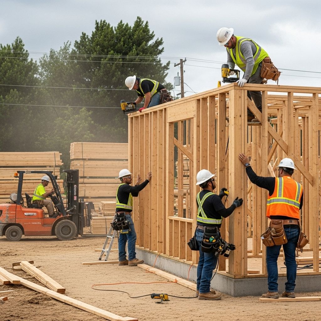 Construction workers in high-visibility vests and hard hats build a wooden wall frame on a site with stacked lumber.
