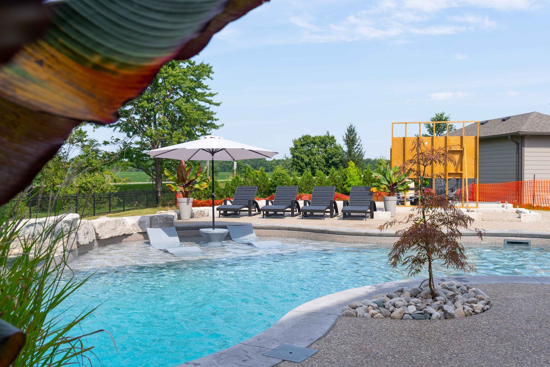 Backyard pool with lounge chairs, umbrella, stone border, and a small tree under a sunny sky