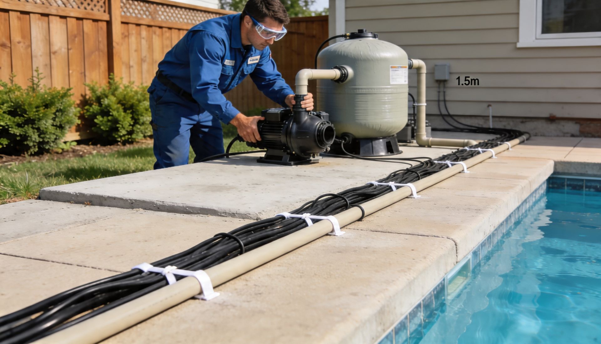 A person in blue workwear repairs pool equipment near a backyard swimming pool.