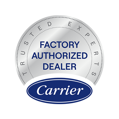 Carrier Factory Authorized Dealer logo with blue and silver accents.