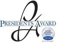 Carrier Presidents Award logo with factory authorized dealer seal.