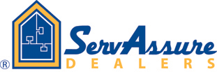 ServAssure Dealers logo: Blue and gold house icon with text, blue ServAssure, gold Dealers.