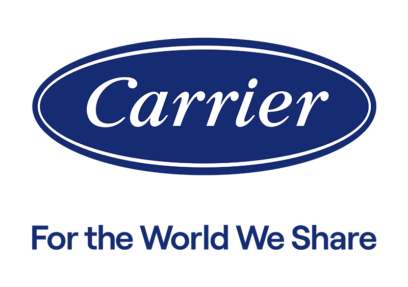 Carrier logo: Blue oval with white text "Carrier." Below: "For the World We Share"