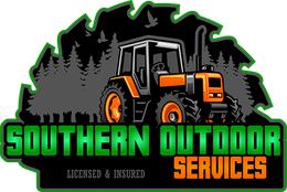 A logo for southern outdoor services with a tractor and trees in the background.