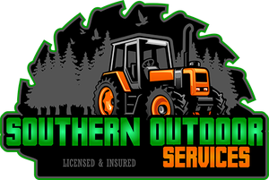 A logo for southern outdoor services with a tractor and trees in the background.