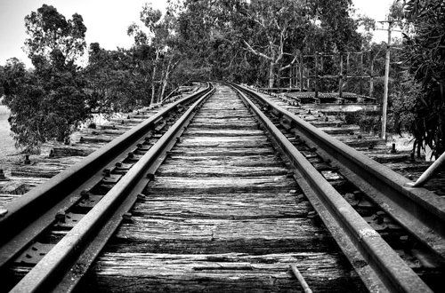 Black and white photo of a rail road