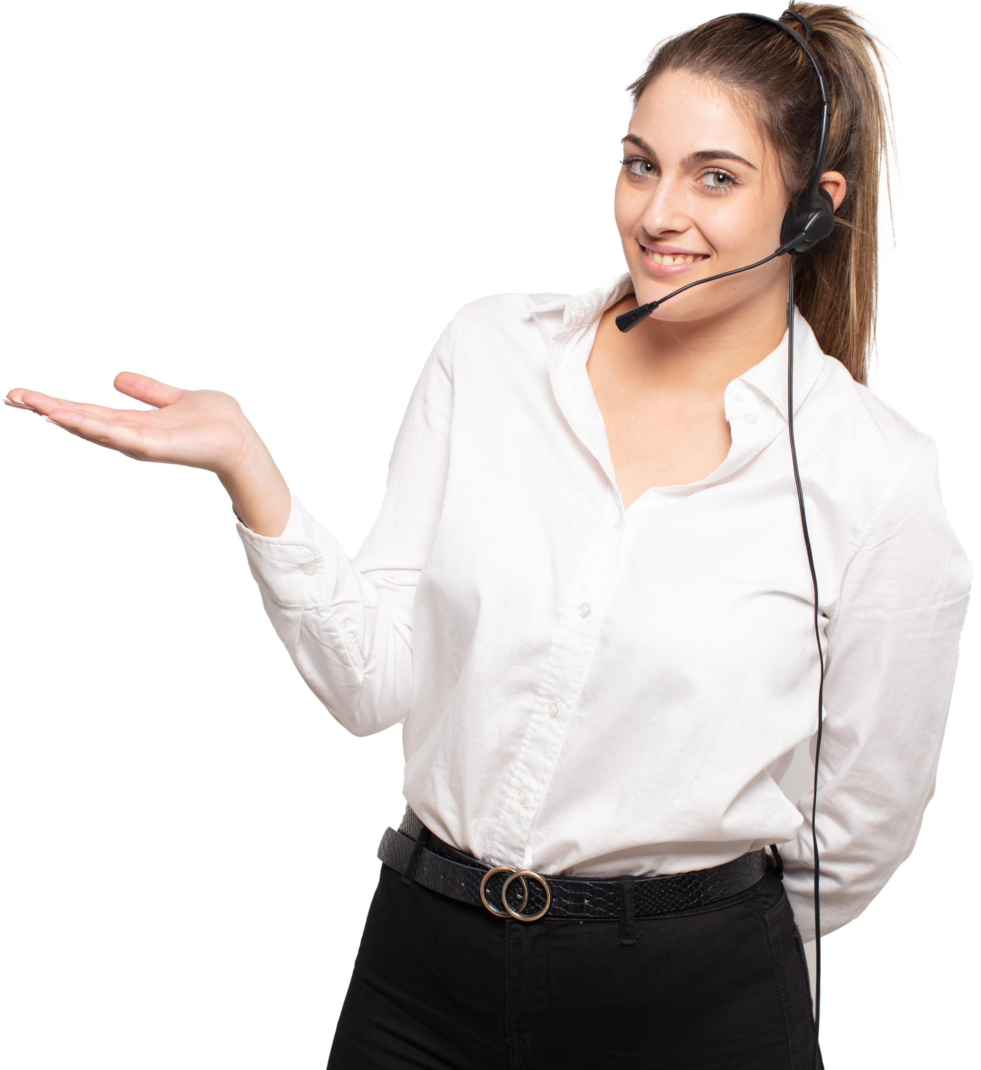a woman wearing a headset is holding out her hand.