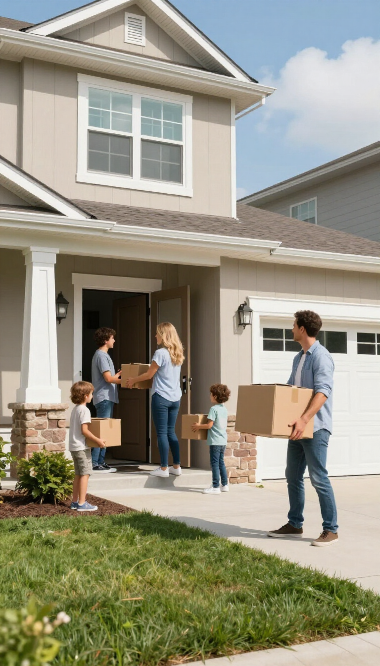 Family unloading moving boxes in front of a suburban house with garage