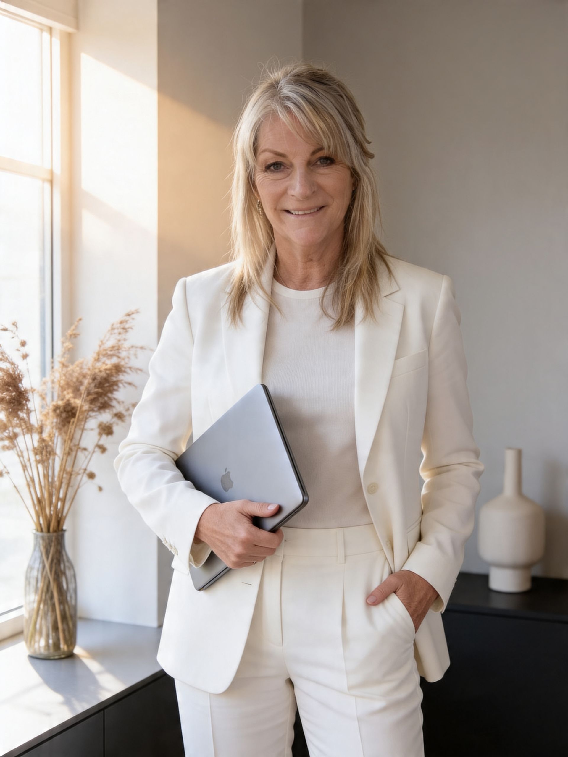 Woman in a white suit holding a folder, standing in a bright modern office.
