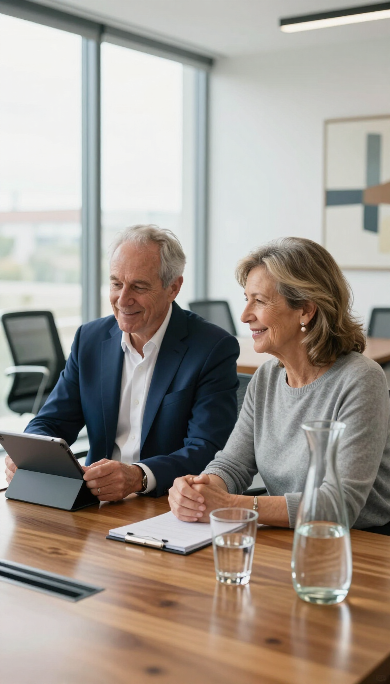 Two coworkers discussing at a conference table with a laptop and notebook in a bright office