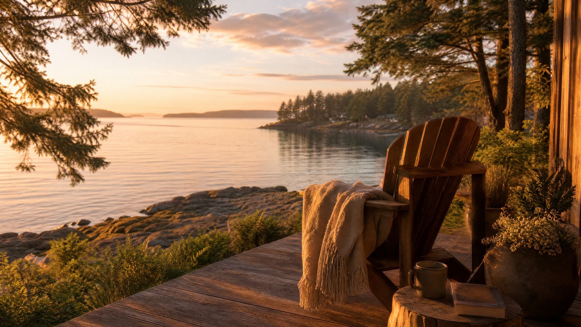 Wooden chair on a coastal deck at sunset, overlooking calm water and distant pine-covered islands.