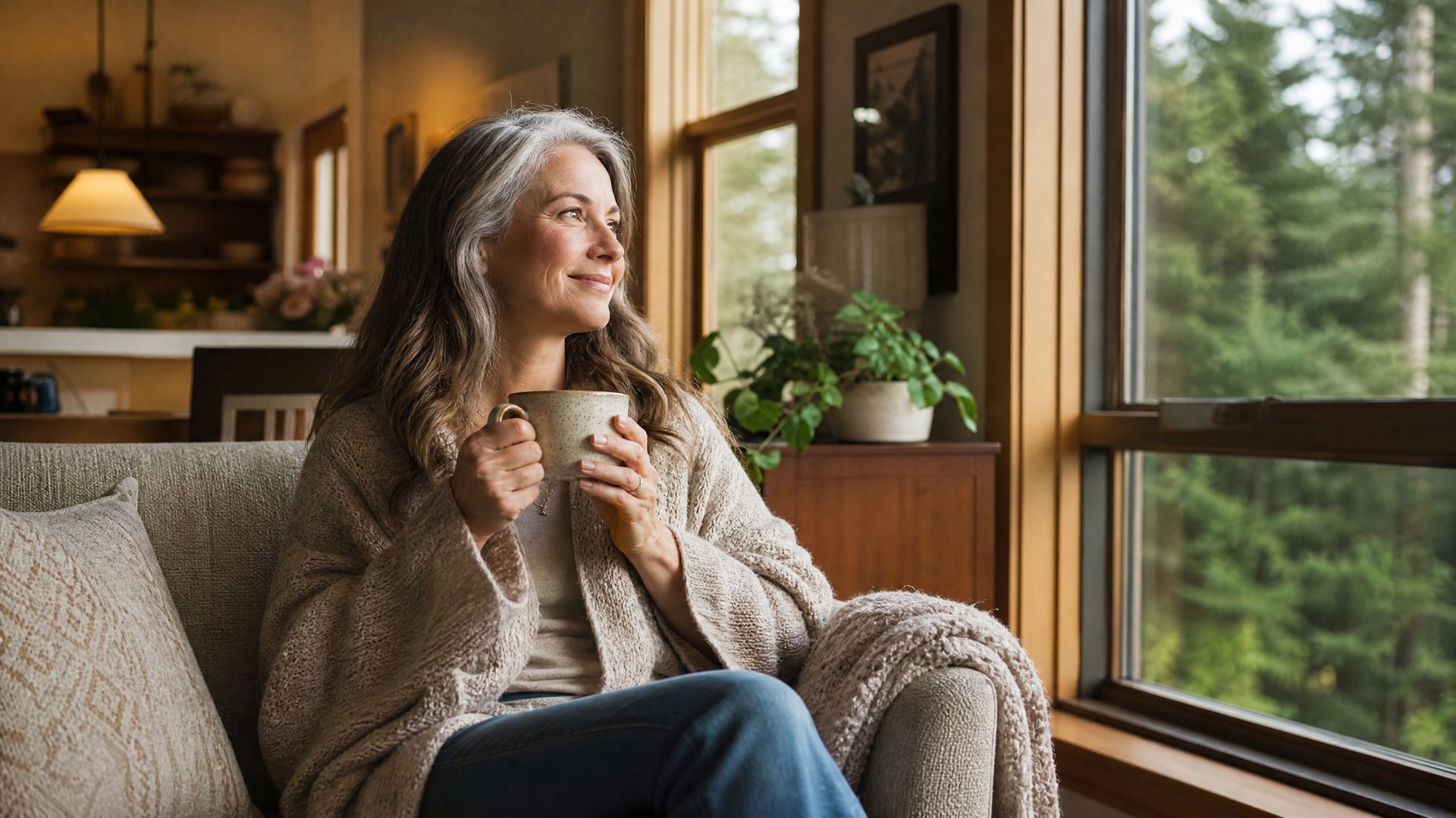 Woman holding a mug by a window in a cozy living room, looking outside with a calm smile.