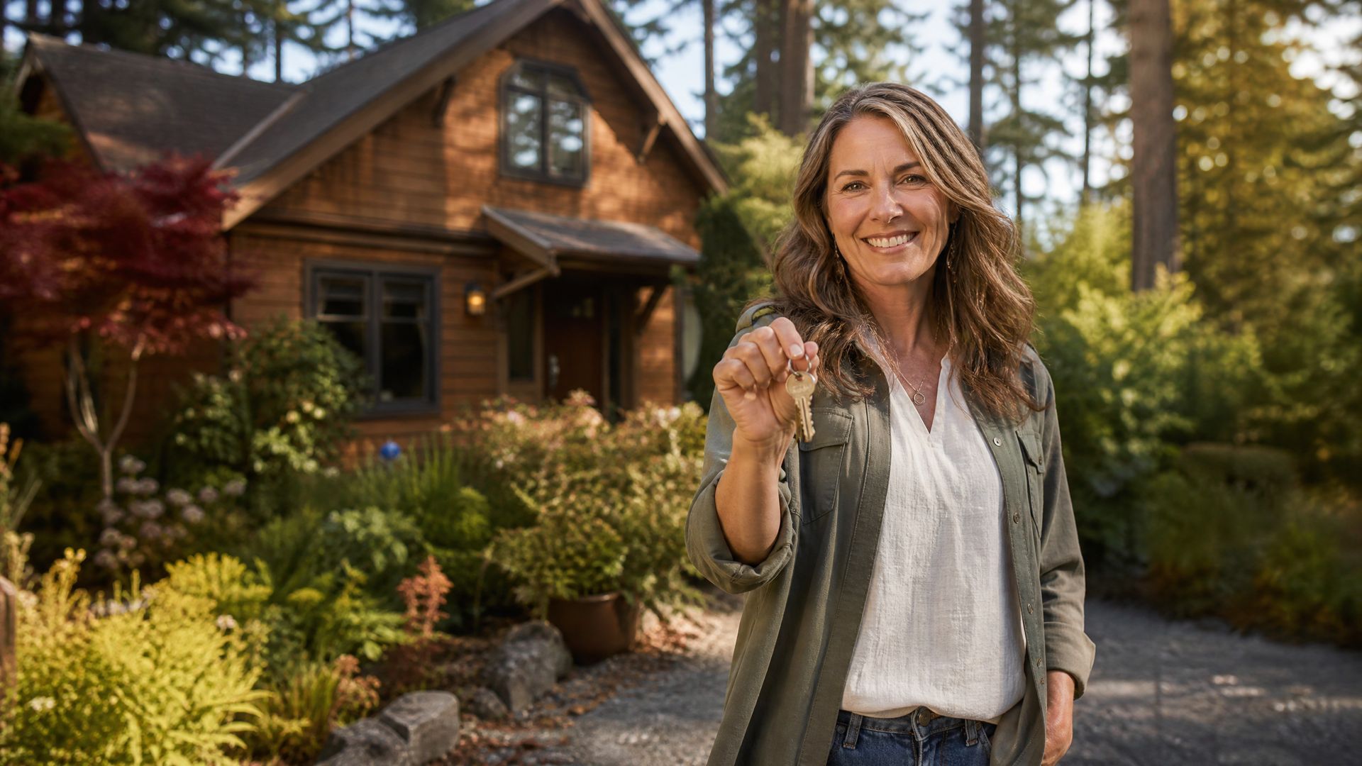 Woman smiling and holding a key outside a wooden cabin surrounded by trees and flowers