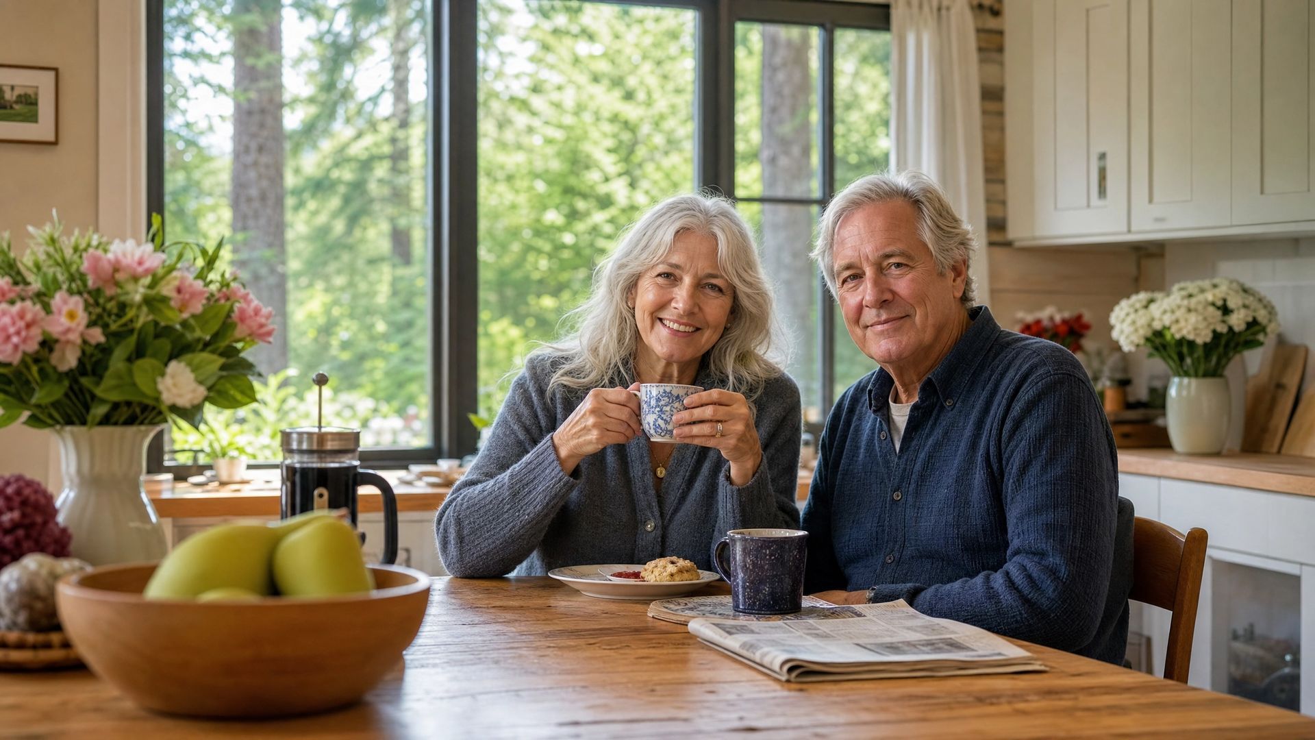 Two people smiling at a kitchen table, holding mugs, with fruit and flowers by a bright window.