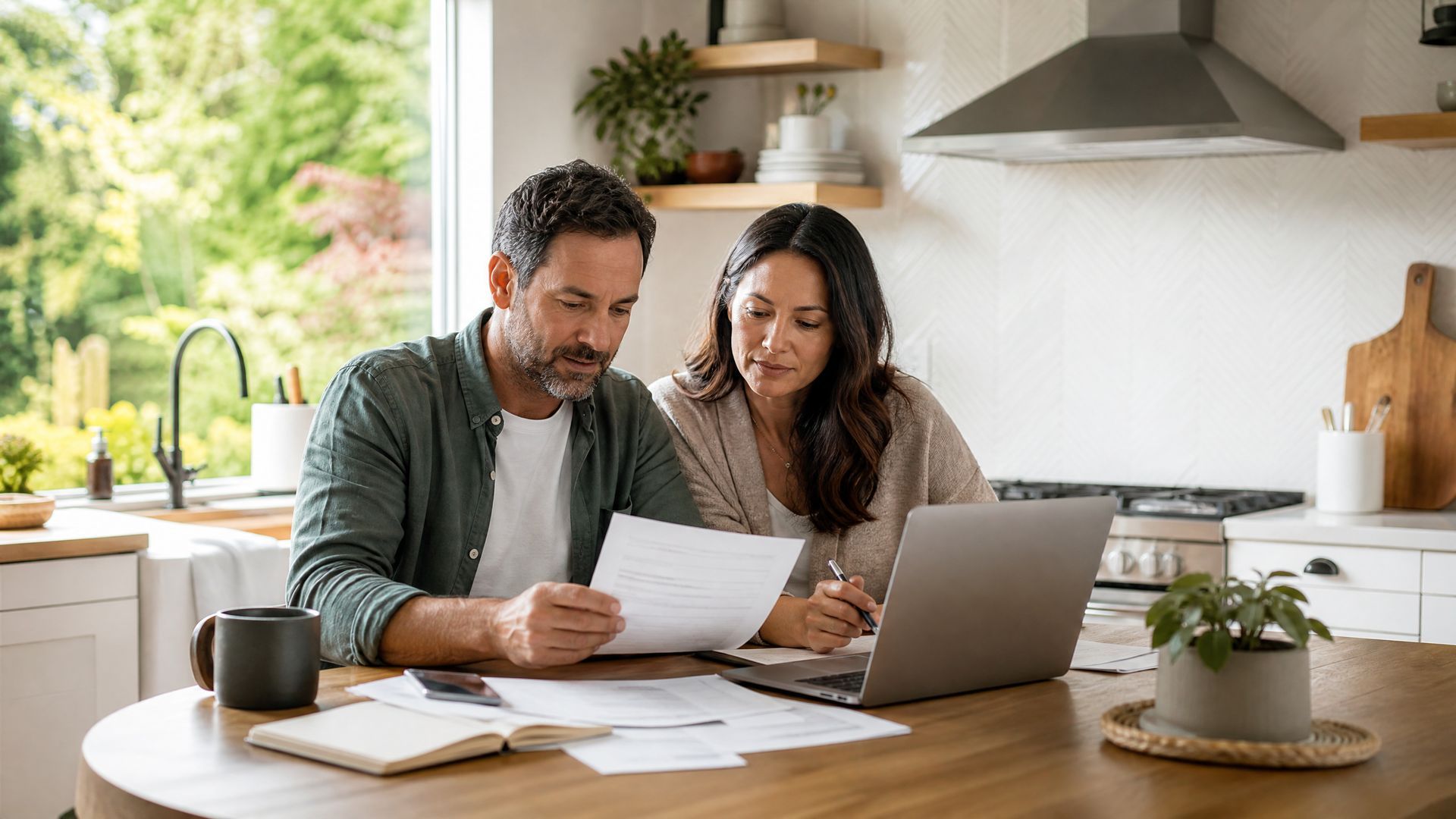 Two people reviewing papers at a kitchen table with a laptop in a bright home kitchen.