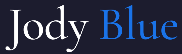“Jody Blue” text logo in white and blue on a dark background