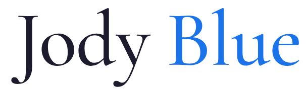 “Jody Blue” text logo in black and blue serif font