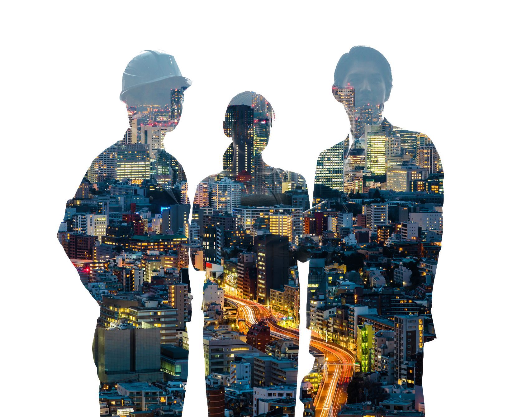 Three people silhouetted with a city night scene layered within. One wears a hard hat.