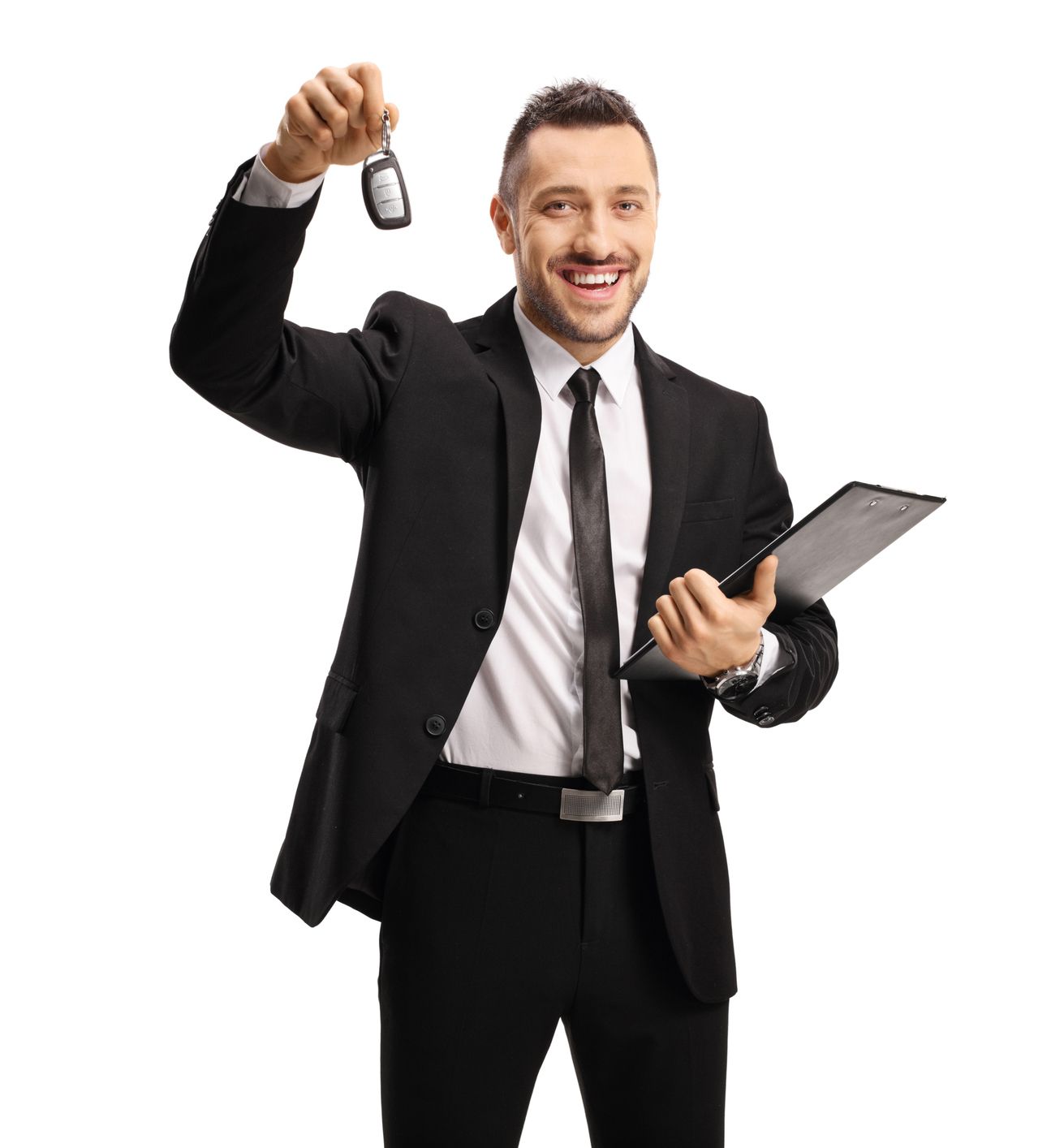 Smiling man in suit holding car keys and a clipboard, white background. Smiling man in suit holding car keys and a clipboard, white background.