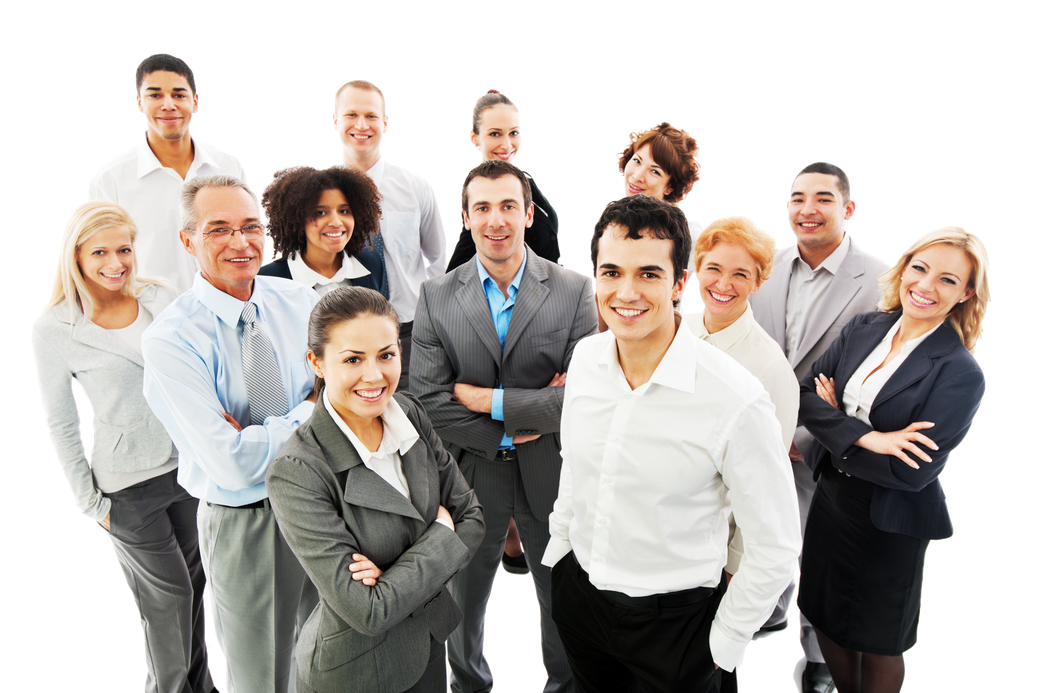 Group of diverse professionals smiling, some with arms crossed, in business attire.