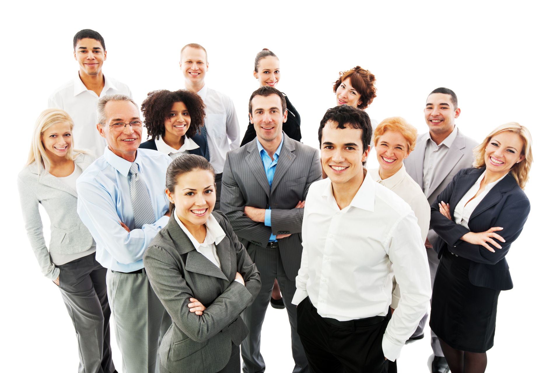 Group of diverse professionals smiling, some with arms crossed, in business attire. Group of diverse professionals smiling, some with arms crossed, in business attire.