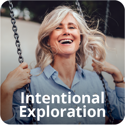 Woman with gray hair laughing on a swing; the words