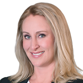Blond woman with blue eyes smiles, wearing a black jacket.