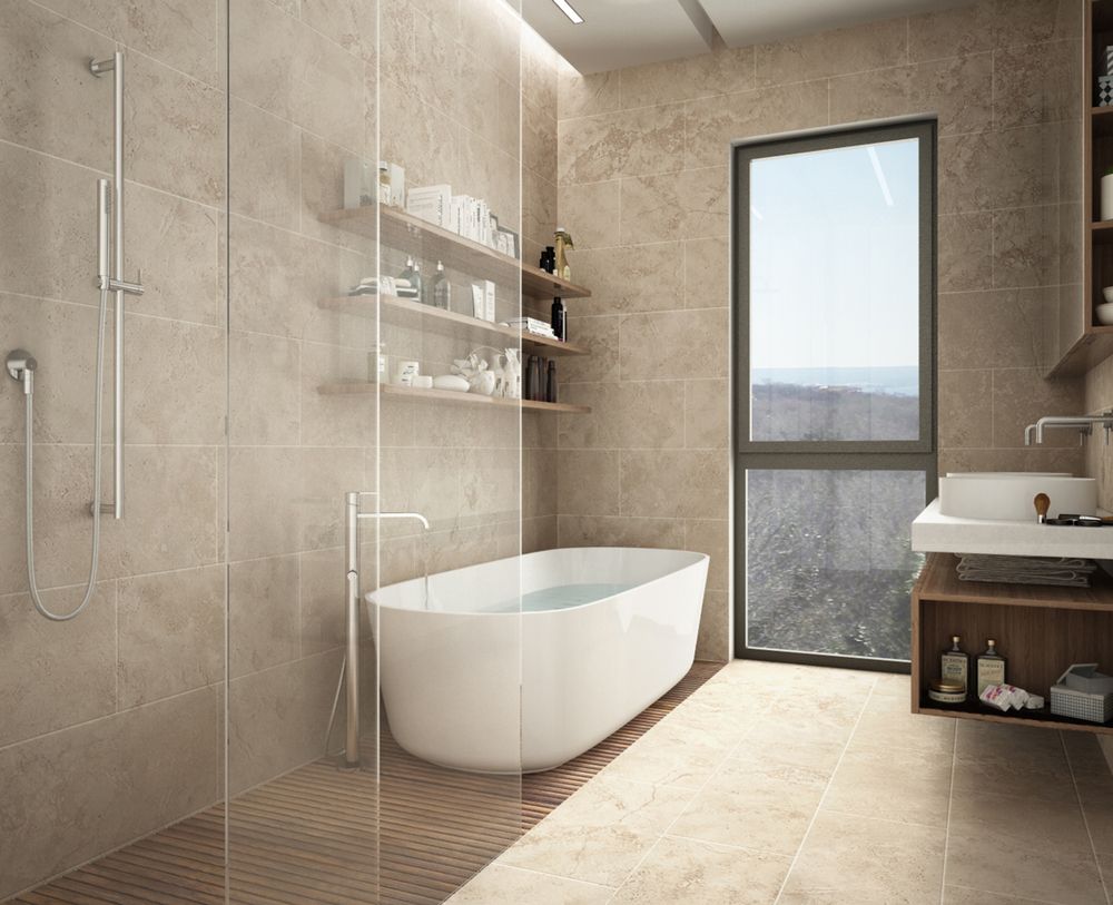 Modern beige bathroom with a freestanding tub, glass shower, and window overlooking a landscape — Aquafix Plumbing Services in Bowral, NSW