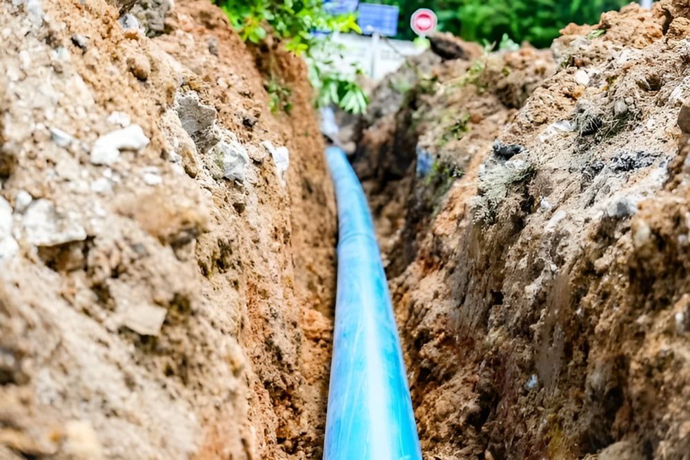 A Blue Water Pipe Is Being Installed In A Trench — Aquafix Plumbing Services in Bowral, NSW