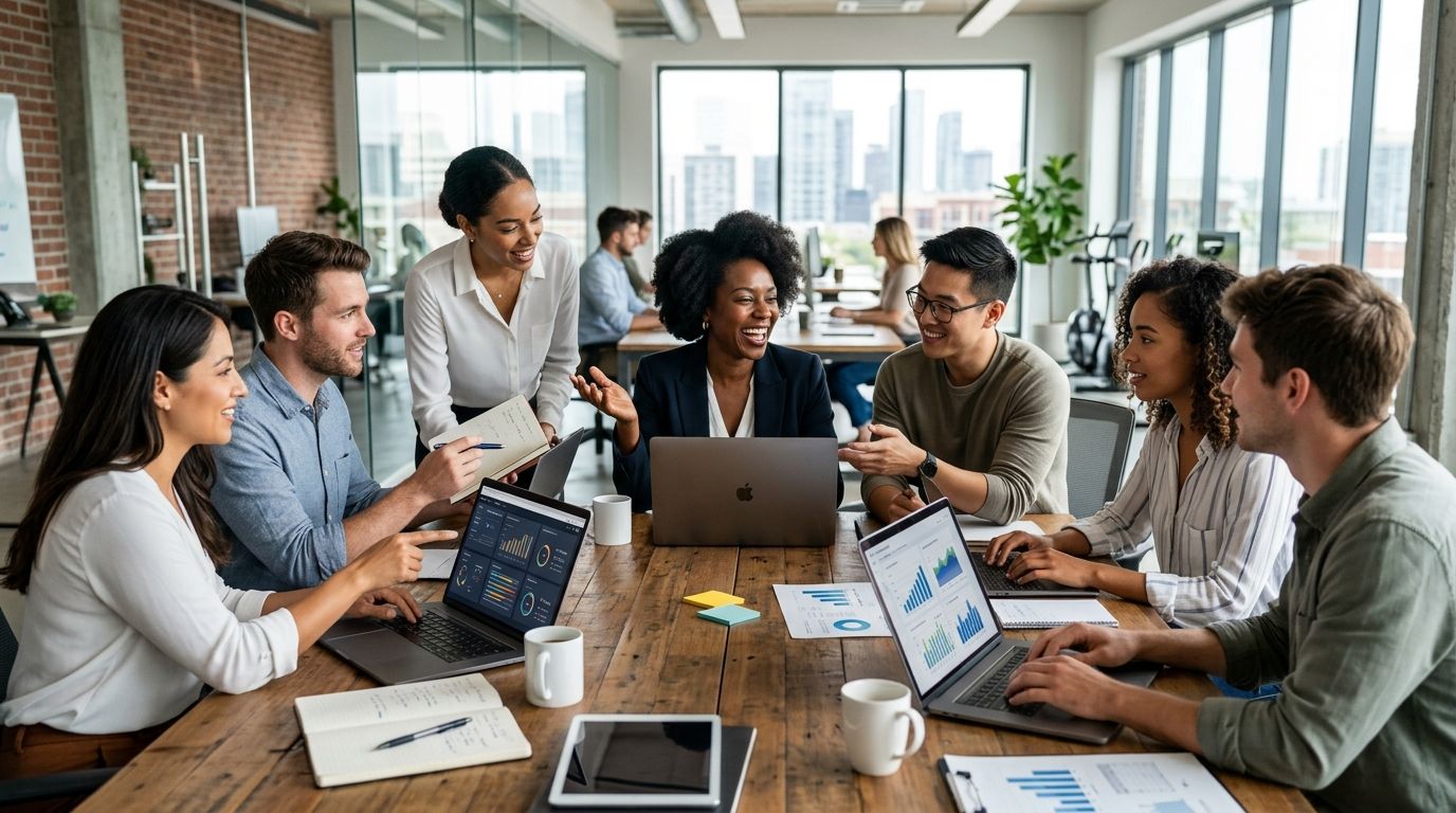 Diverse business team collaborating in a modern office meeting room, discussing analytics dashboards