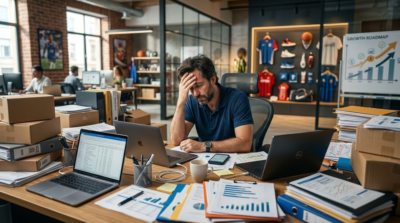 Stressed sports business owner at cluttered desk with reports, boxes, and laptops in a modern office