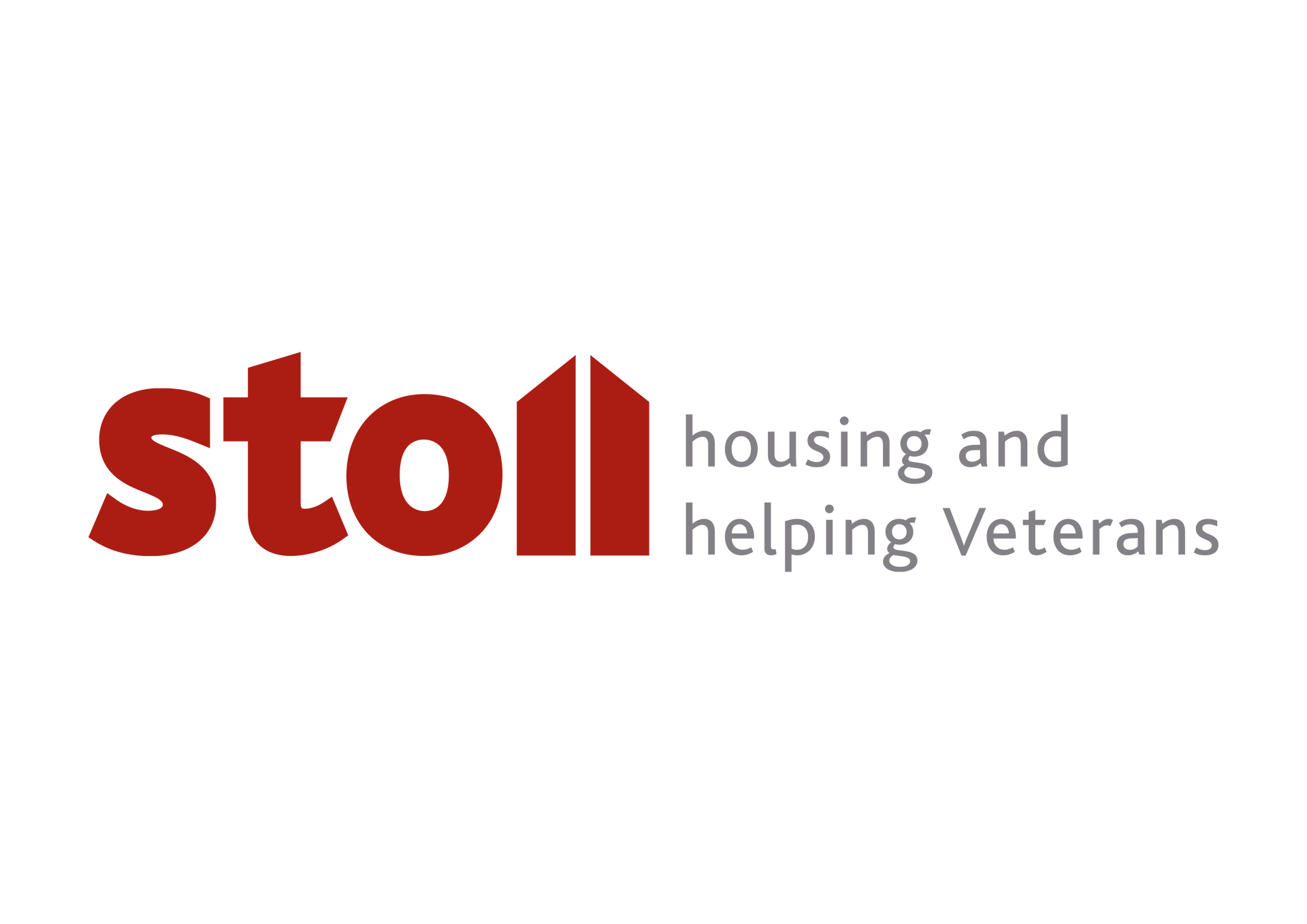 A red and white logo for stoll housing and helping veterans.