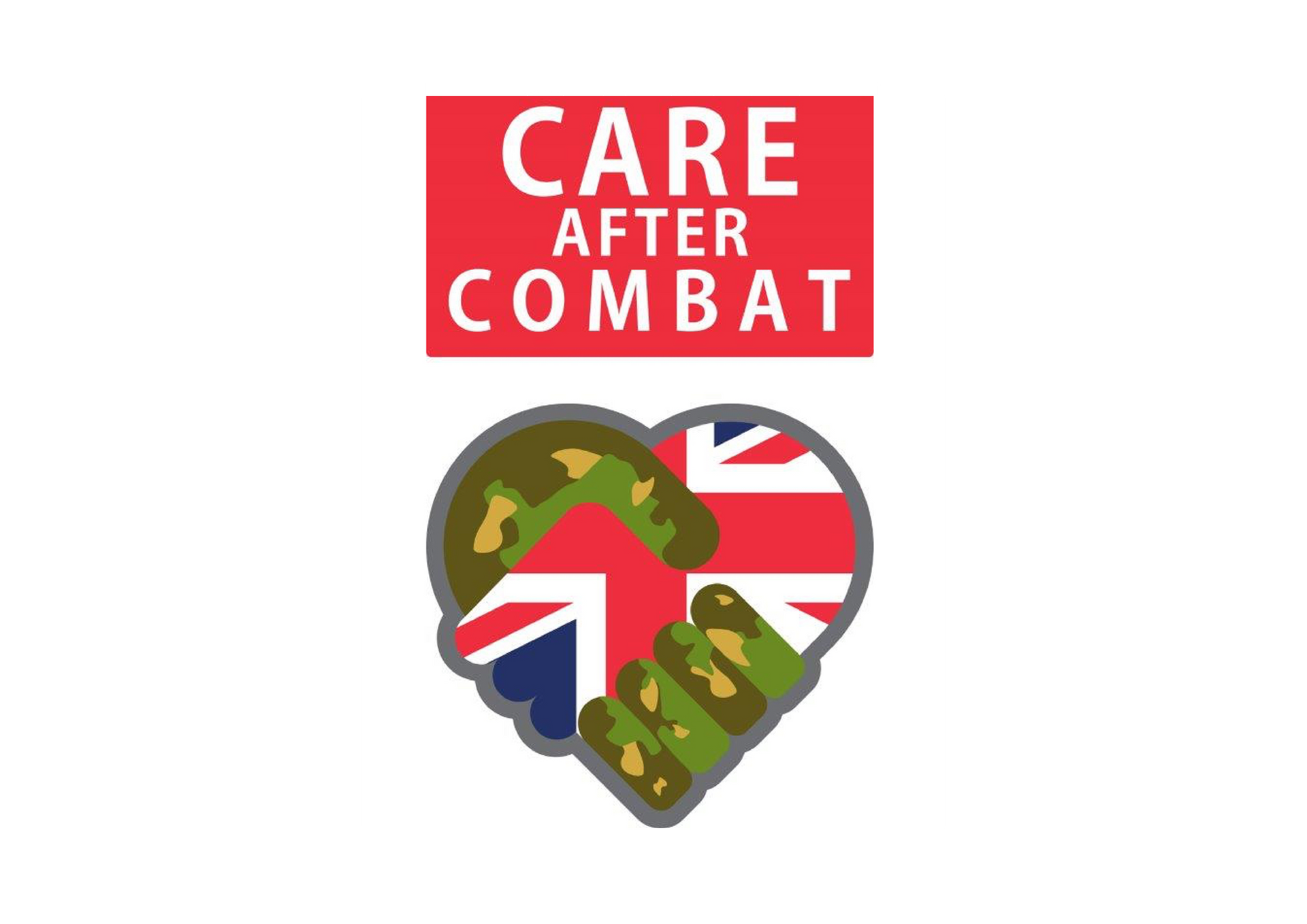 The logo for care after combat is a heart with soldiers shaking hands.