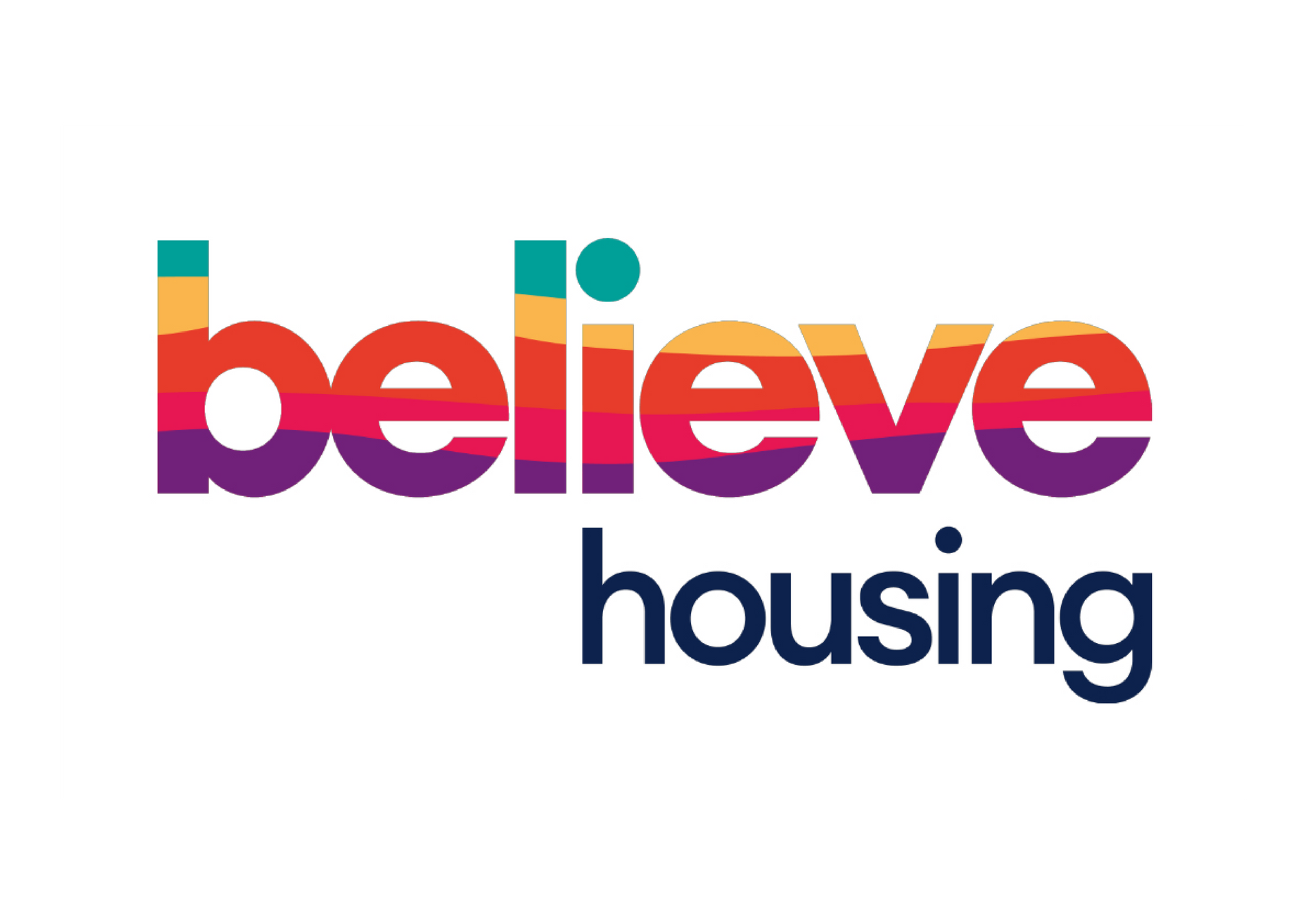 The logo for believe housing is a rainbow colored logo on a white background.