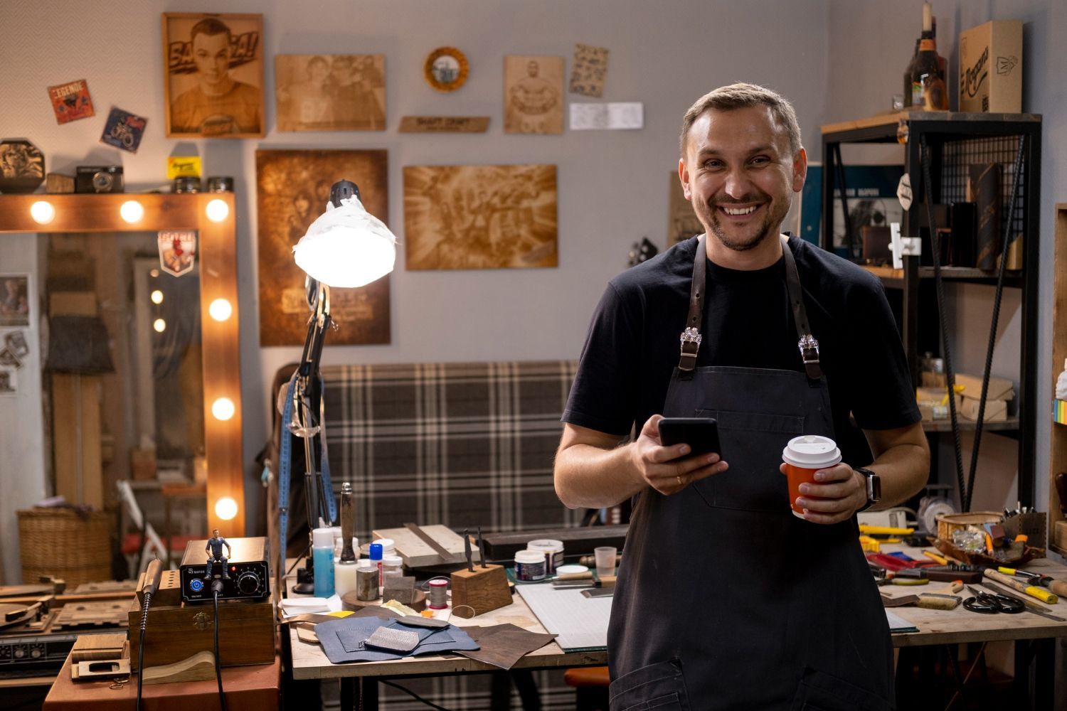 Man in apron smiles, holding phone and coffee in workshop filled with tools and artwork.