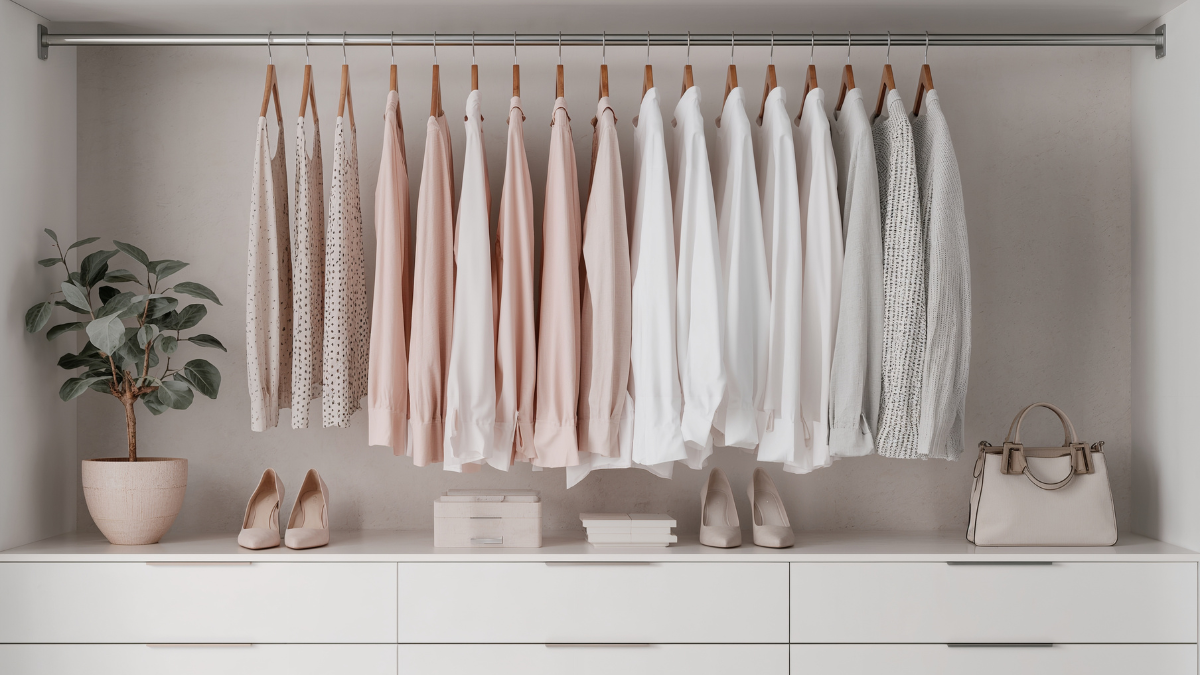 Organized closet with hanging neutral-toned shirts, a potted plant, shoes, and a handbag on white shelves.
