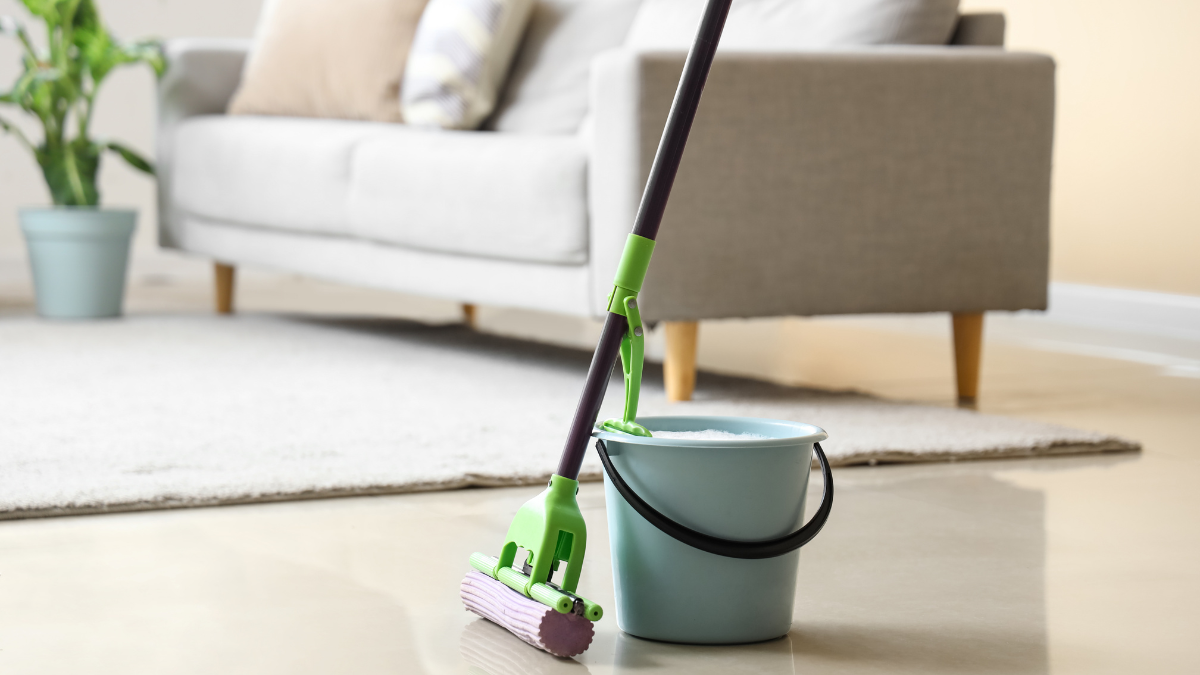 A light blue bucket and a green and purple sponge mop stand on a smooth floor in front of a living room sofa.