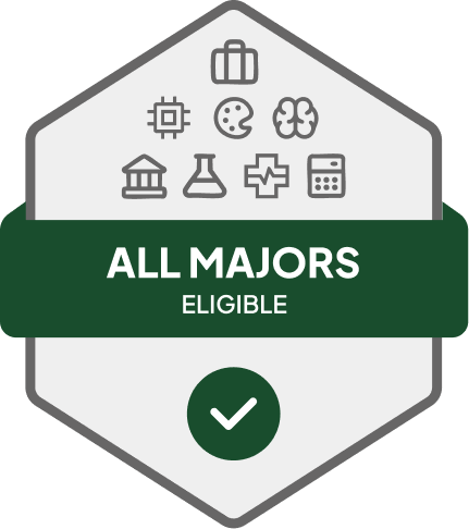 Badge with blue banner: 