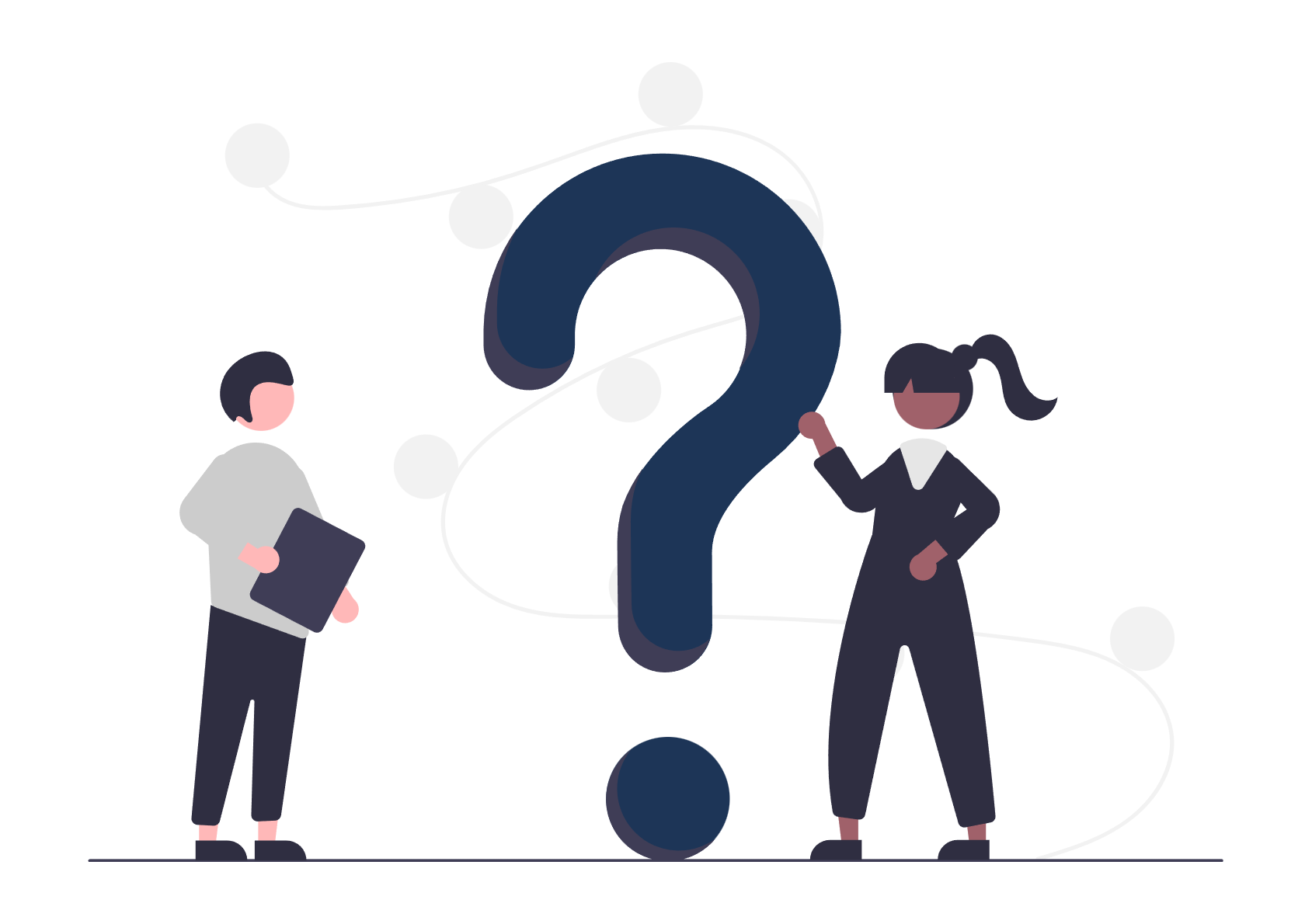 Man with notepad and woman pointing at large question mark.