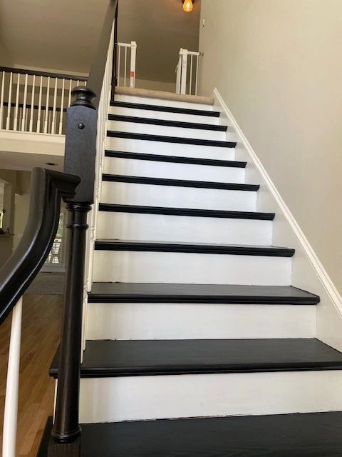 Staircase with white risers and black treads, black banister, and a baby gate at the top.